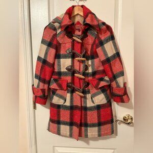 Vintage 1970s Plaid Toggle Coat | XS | Red Tartan Wool Winter Jacket